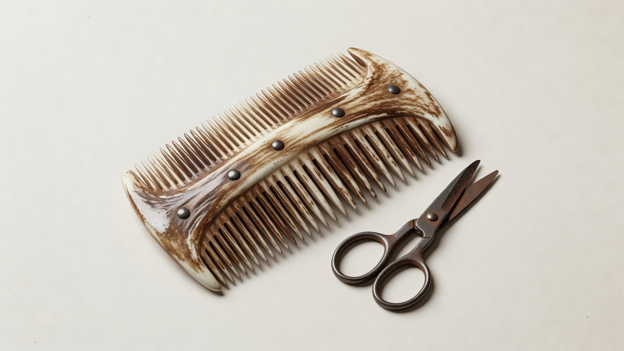 Illustrative reconstruction of a composite antler comb with visible rivets beside small iron shears