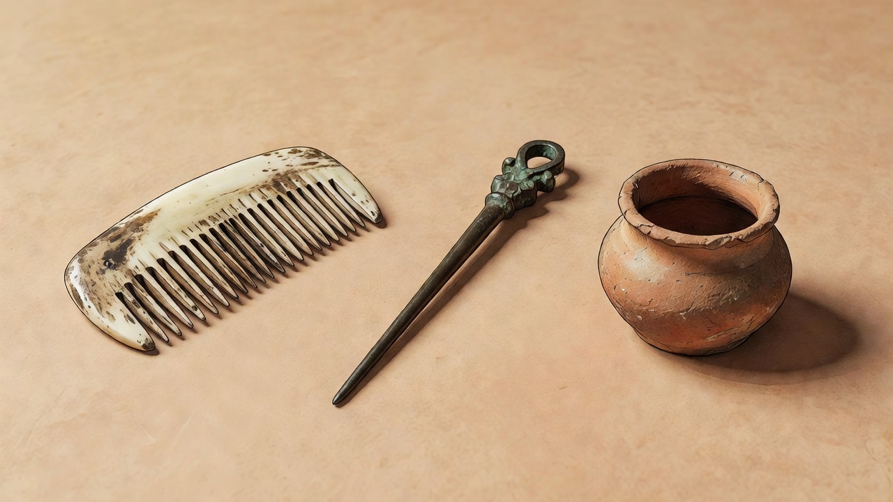Illustrative reconstruction of a comb, a dress pin and a small vessel arranged separately on a plain warm surface