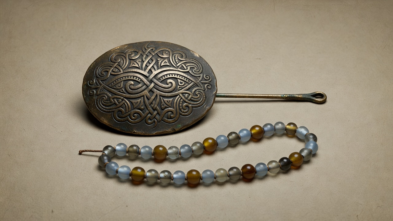 Illustrative reconstruction of an oval brooch, a bronze pin and a short strand of glass and amber beads
