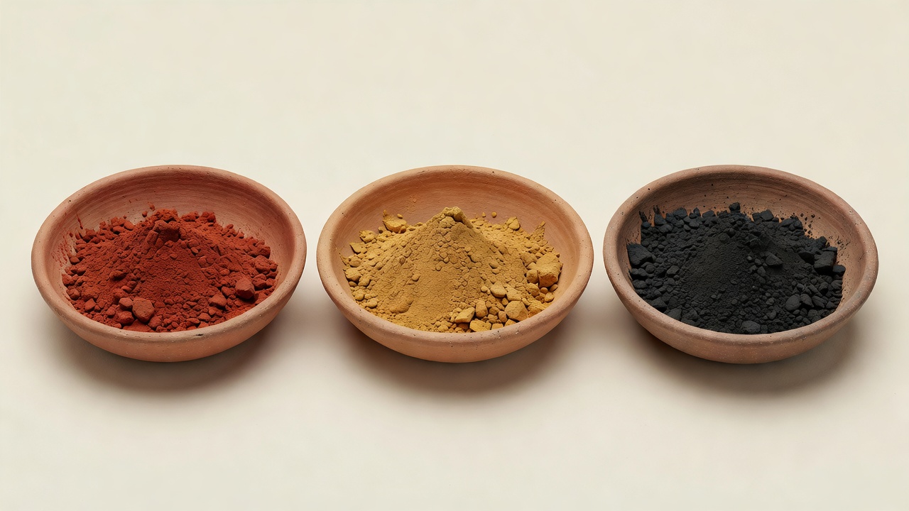 Illustrative reconstruction of three shallow pigment vessels holding red ochre, yellow earth and charcoal on a plain cream background